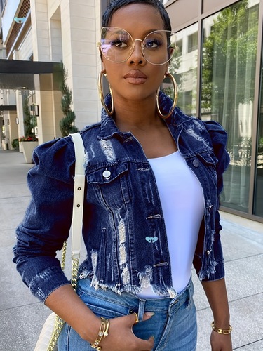 Women's Distressed Denim Jacket Casual Black Cropped Jean