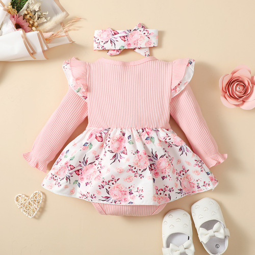 Baby clothes spring and autumn pure color patchwork floral nappy onesie for girls European and American style horizontal stripe onesie