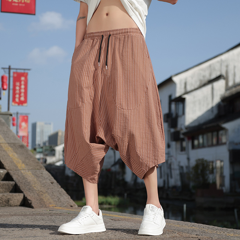 2024 Summer New Men's Wide-Leg Pants Chinese Style Striped Low-Rise Loose Cross-Leg Pants Japanese Style Beach Lantern Pants