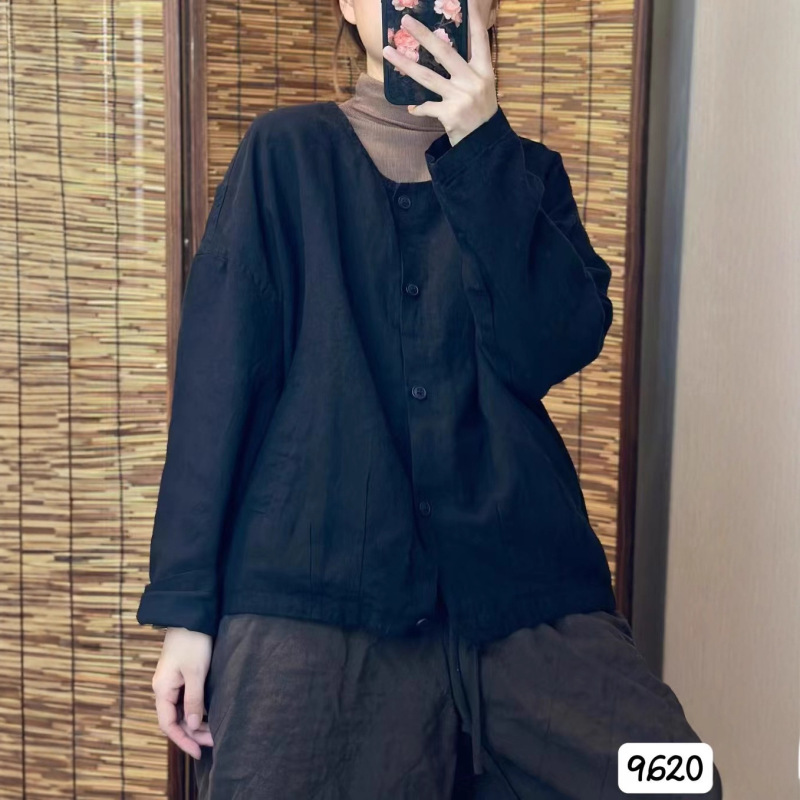 CO2025秋韩版宽松文艺复古简约亚麻加里衬休闲外套百搭上衣女9620|undefined
