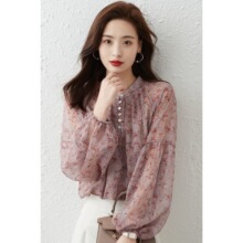 灯笼袖雪纺衫女2025新款妈妈时尚洋气上衣大码遮肚子长袖宽松秋装