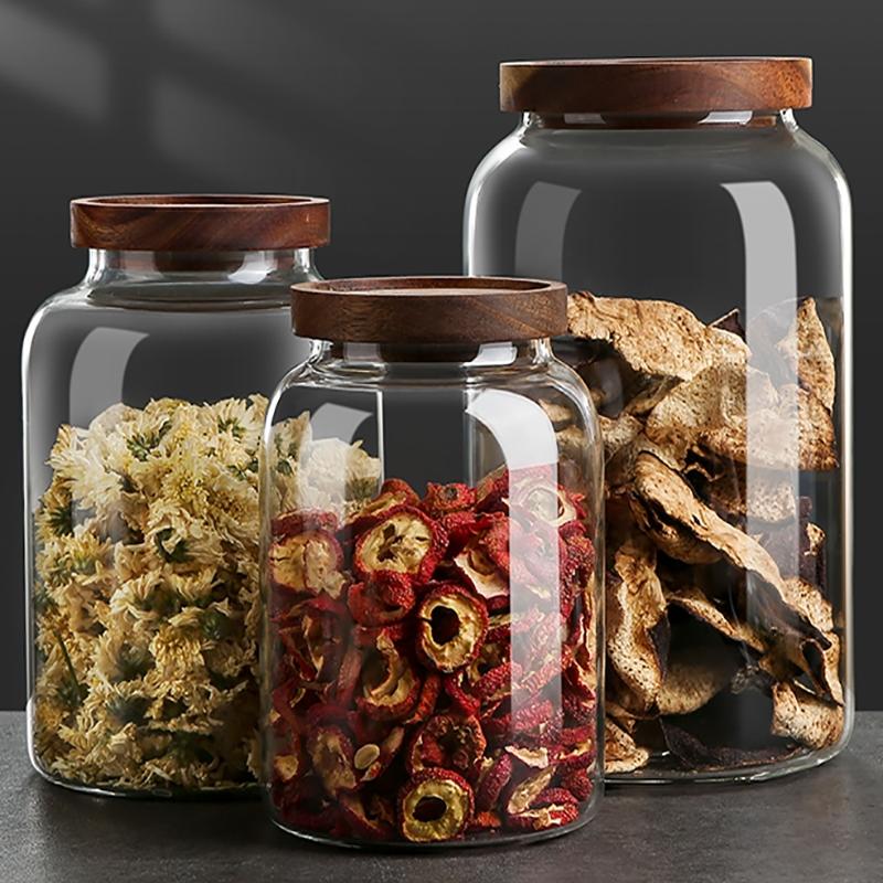 Cross-Border Tea Cans, High Borosilicate Glass Cans, Sealed Storage Cans for Grains, Moisture-Proof Cans, Acacia Wood Tangerine Peel Cans