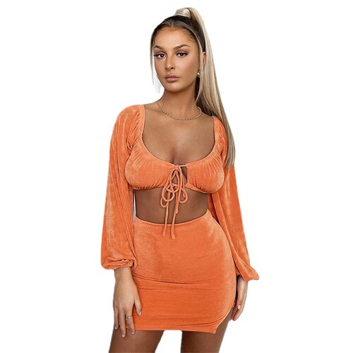 European and American Fashion Women's Autumn New Sexy Square Collar Strappy Long Sleeve Short-sleeve Top Set for Women