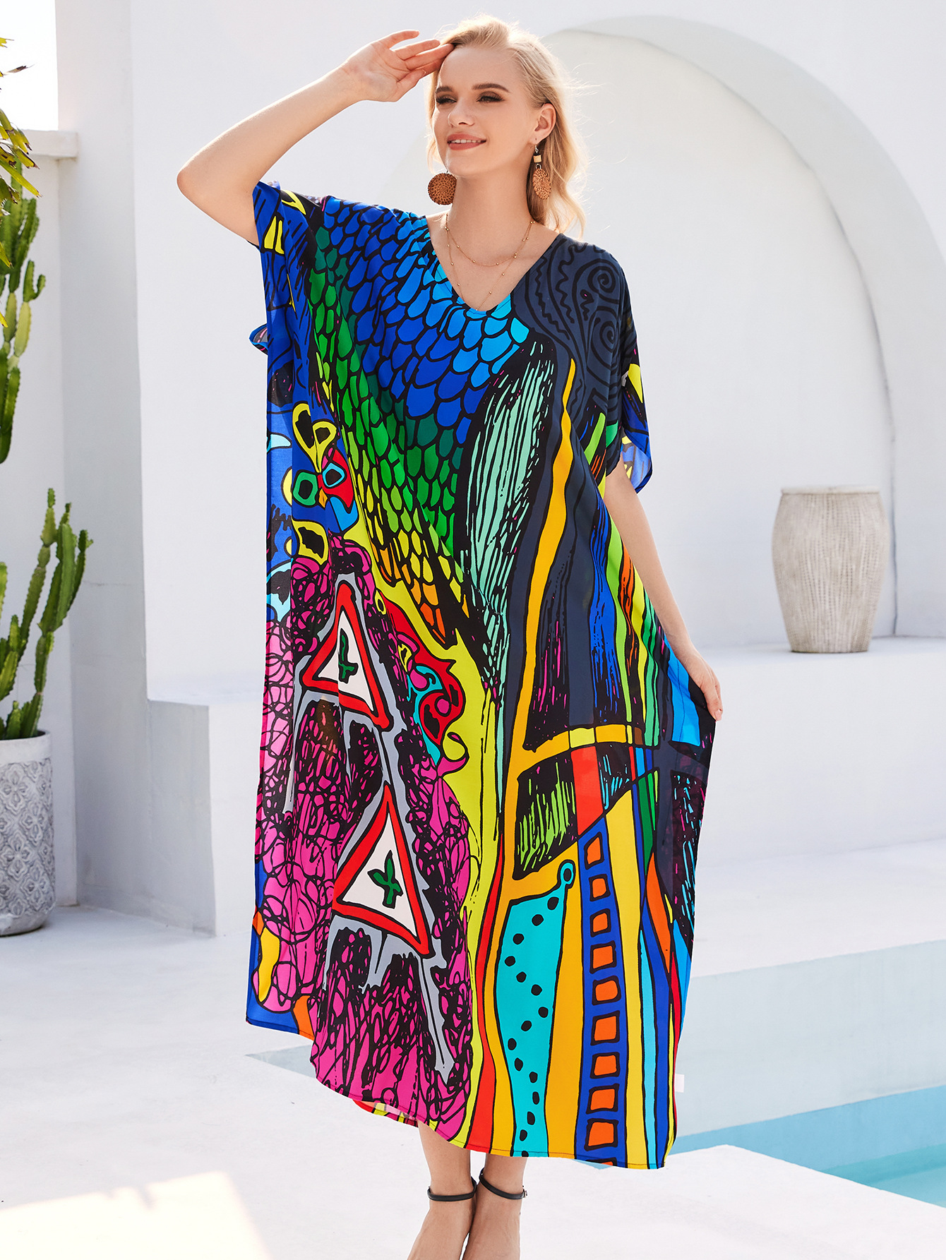 Bata de Playa y Salida de Baño 45-1 de Algodón con Impresión Floral para Playa y Piscina
