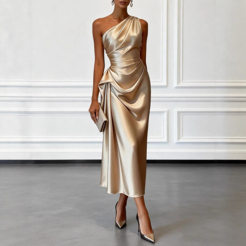 2026 European and American Cross-Border New Style High-End Satin Pleated Waist-Cinching One-Shoulder Sleeveless Evening Gown for Women 2026 European and American Cross-Border New Style High-End Satin Pleated Waist-Cinching One-Shoulder Sleeveless Evening Gown for Women