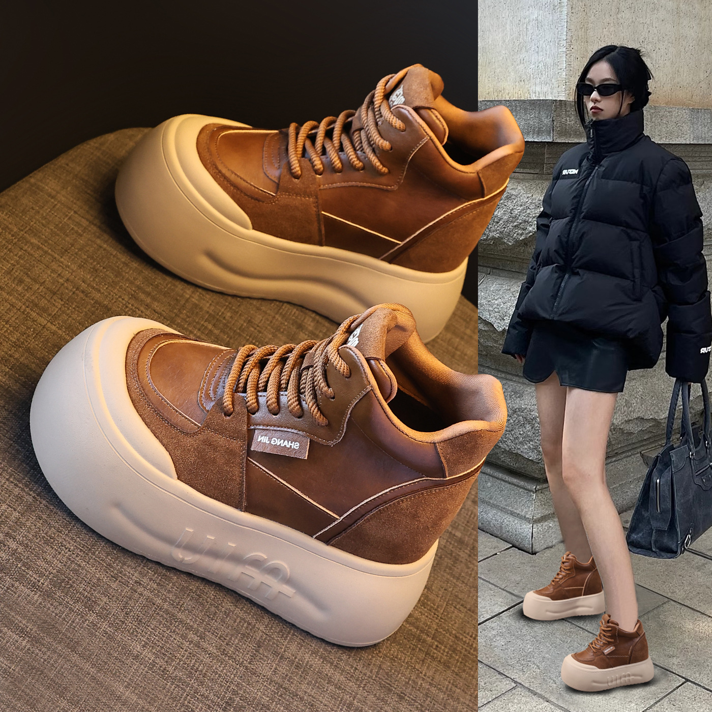 Hs9119-2C Thick-Soled Inner Heightening Fashion Boots for Women 2025 Autum New Versatile High-Top Bread Shoes