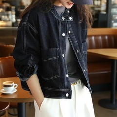 深蓝色牛仔外套女新款秋冬2025韩版复古宽松感小个子夹克上衣7596