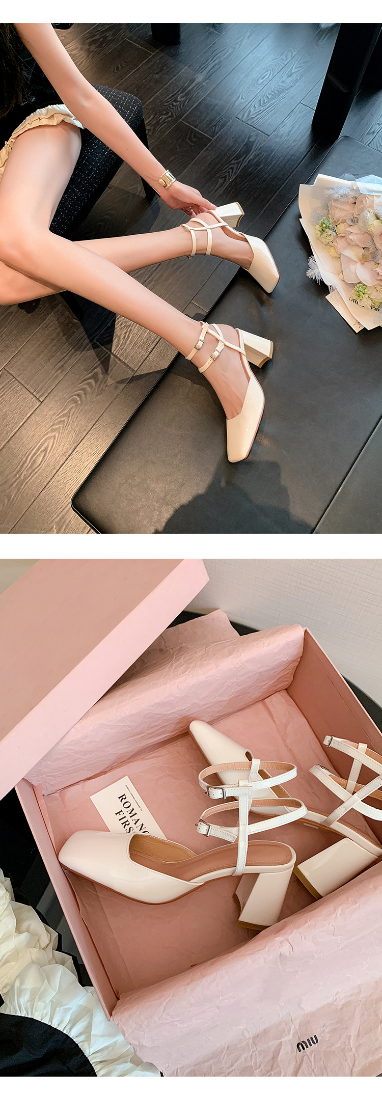 Giày sandal cao gót nữ mũi vuông bít mũi quai ngang gót thô da thật — Màu đen chi tiết 23