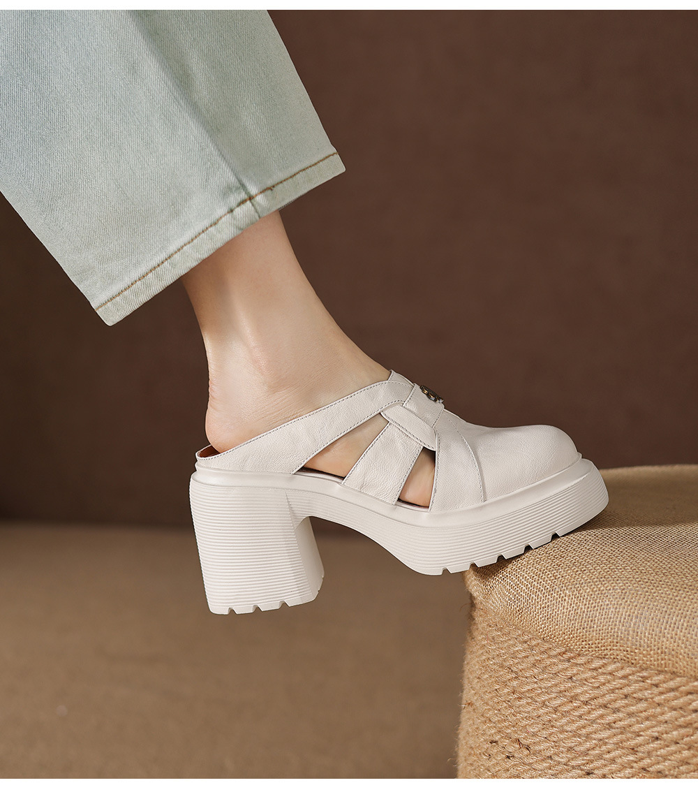 Sandal cao gót nữ mũi kín hở mũi đế dày gót thô 9 cm — màu đen, màu trắng ngà chi tiết 12