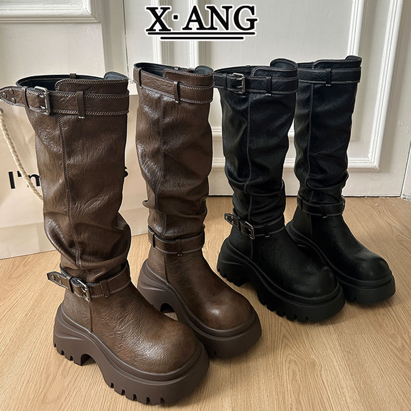 牛皮厚底增高小个子骑士靴女不过膝高筒靴长靴皮带扣堆堆靴牛仔靴|undefined