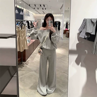 韩系慵懒斜肩卫衣套装女秋冬宽松纯色露肩上衣高腰阔腿休闲两件套
