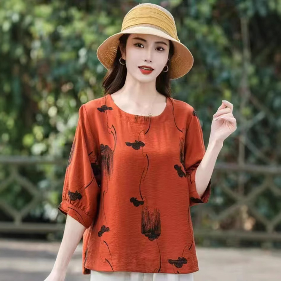 Cross-border nueva camiseta de mujer china impresa de manga media camiseta de mujer de verano camiseta de base de cuello redondo artística ocio image 6