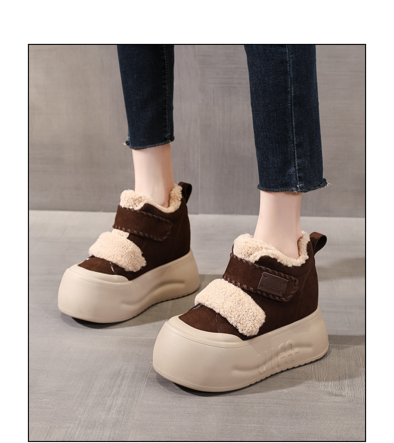 Giày boot nữ cổ cao lót lông cừu đế dày tăng chiều cao, dán Velcro — màu đen chi tiết 14