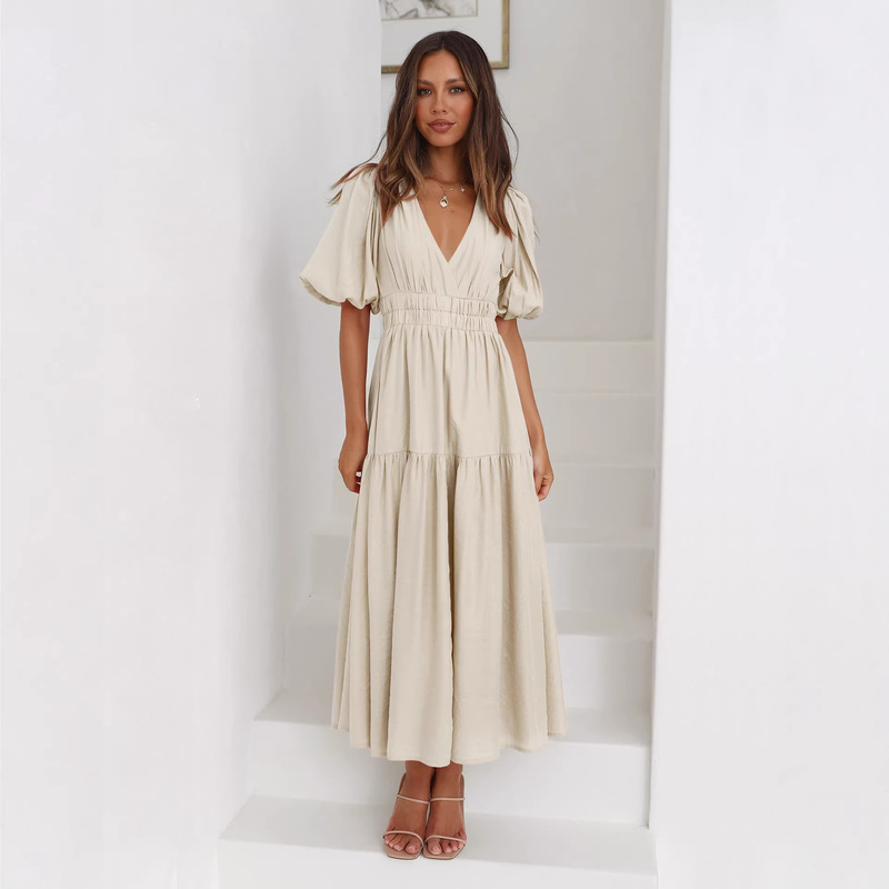 European and American Cross-Border Summer New Fashion Long Dress with a High-End Feel, Deep V-Neck, Puff Sleeves, and Waist-Cinching Design for Vacation European and American Cross-Border Summer New Fashion Long Dress with a High-End Feel, Deep V-Neck, Puff Sleeves, and Waist-Cinching Design for Vacation