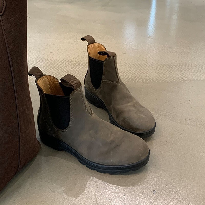 Lu Xiaobu Handmade Women's Shoes ~ Gong Xiaozhen's Same Style Short Boots Flats Elastic Chimney Boots Chelsea Labor Protection Boots 0357