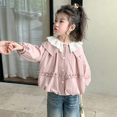 女小童外套春秋款2025新款洋气女宝宝秋季花边领夹克上衣儿童秋装