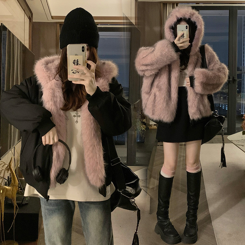 Calle de estilo americano chaqueta de algodón piel de lana de hierba corta ropa de algodón mujer sombrero de invierno en ambos lados ropa de algodón abrigo grueso