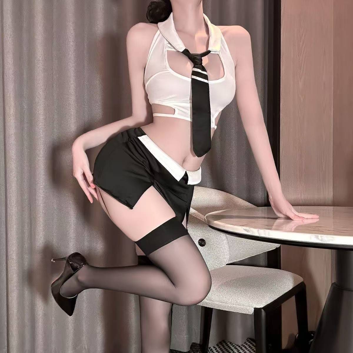 Secretary Roleplay Lingerie Set with Top, Skirt, Bow Tie, Thong and Garters — detail image 5