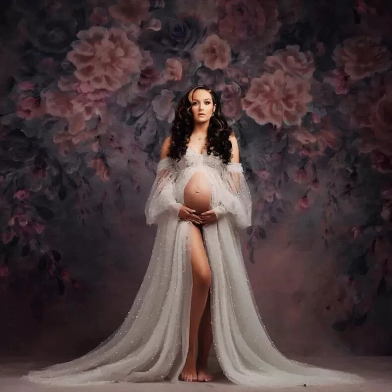 New Cross-Border Foreign Trade Maternity Mesh Dress for Photoshoot, Deep V-Neck Sheer Photography Gown, Slimming and Elegant New Cross-Border Foreign Trade Maternity Mesh Dress for Photoshoot, Deep V-Neck Sheer Photography Gown, Slimming and Elegant