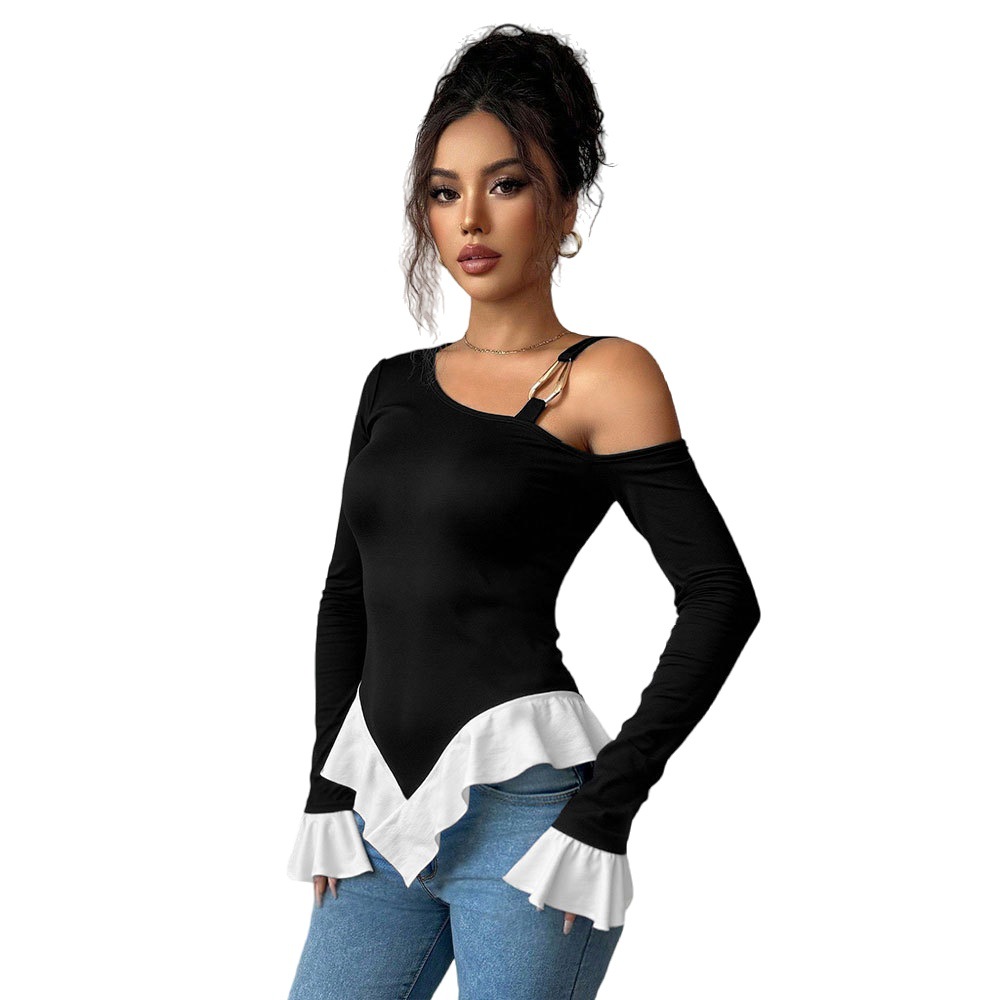 Collar negro de un solo hombro decoración de bucle de metal corto trasero largo borde de lótus blanco perilla de color contraste primavera-verano chaqueta mujer