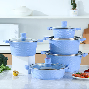 Cross-border foreign trade Maifan stone aluminum die-casting soup pot stew pan frying pan small brick 10-piece wholesale blue