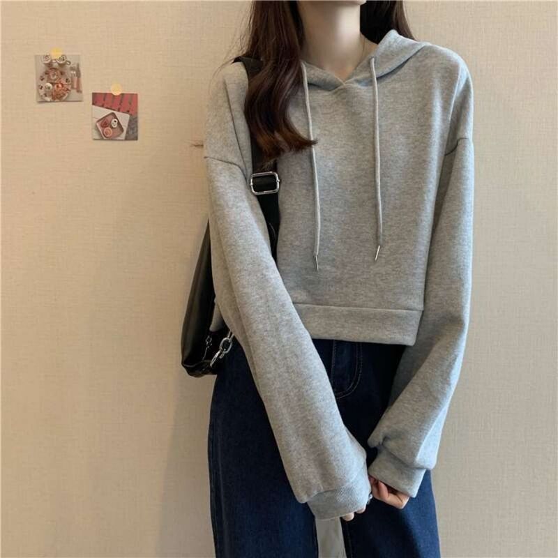 Slim Short Velvet Sweatshirt for Women 202 Pullover Autumn and Winter New Style 0 Hooded Loose Student Year Versatile Top K-Style
