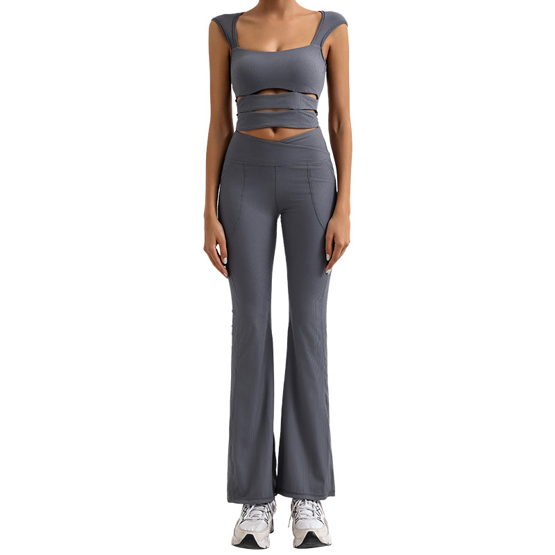 Foreign Trade Cross-border Yoga suit Women's Chest Pad Sports Fitness T-shirt High Waist Quick-drying Trumpet Trousers Two-piece Set