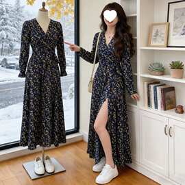 性感法式雪纺绑带收腰碎花长袖战袍复古连衣裙开衩宝妈显瘦V领