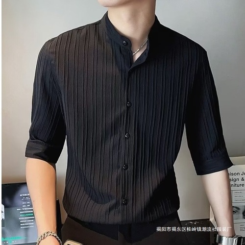 Stand collar seven-inch sleeve men's short-sleeve summer 2024 new men's high-end striped half-sleeve shirt