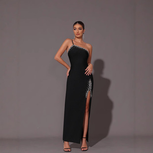 European and American Clothing Elastic Slim Slit with Diamonds High Elasticity Elegant Lady Party Dress Evening Dress Long Skirt Accessible Luxury