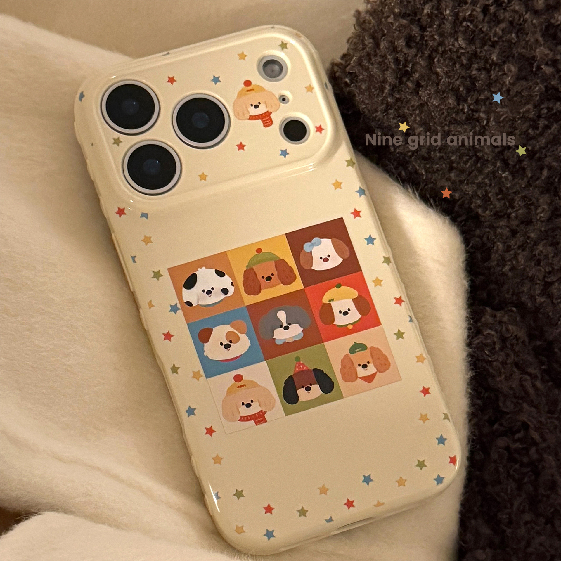 Custodia per telefono con illustrazione a nove griglie e stelle colorate adatta per 17 Pro Max, iPhone 16, Fun 15, anti-caduta 13_voghion.com