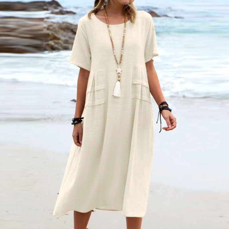 Robe d'été décontractée pour femme, coupe ample, col rond, manches courtes, longueur mi-longue, en coton et lin, couleur unie_voghion.com
