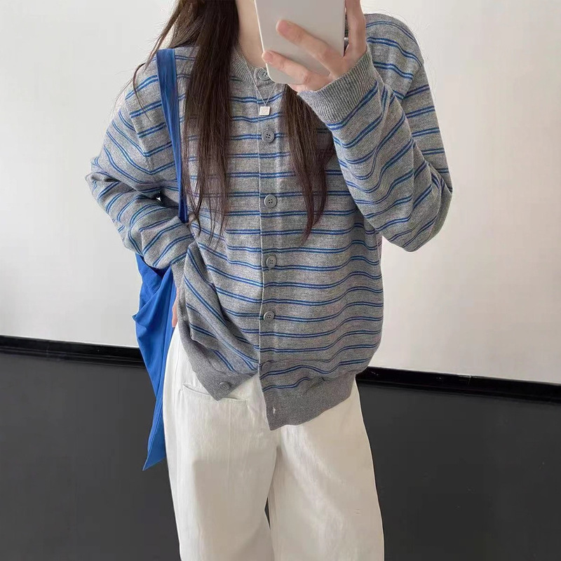 复古撞色条纹开衫外搭毛衣女秋季2025新款慵懒风韩系针织上衣外套|undefined