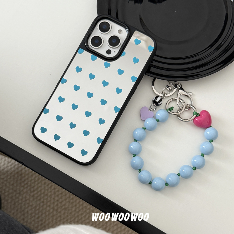 ins浅蓝色爱心镜面壳适用iPhone15pro max苹果16手机壳14链条13女|undefined
