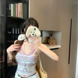 穿搭假两件紫色蕾丝V领夏季新款露背辣妹蕾丝紫色条纹无袖上衣女