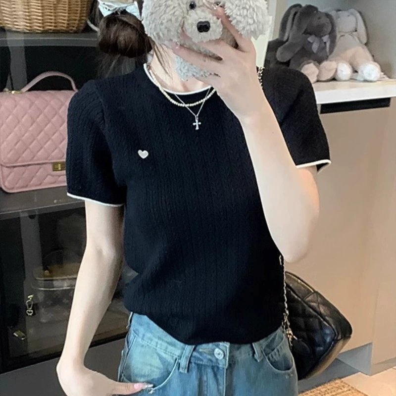 Летний вязаный свитер для кормления с вышивкой, с коротким рукавом, премиум