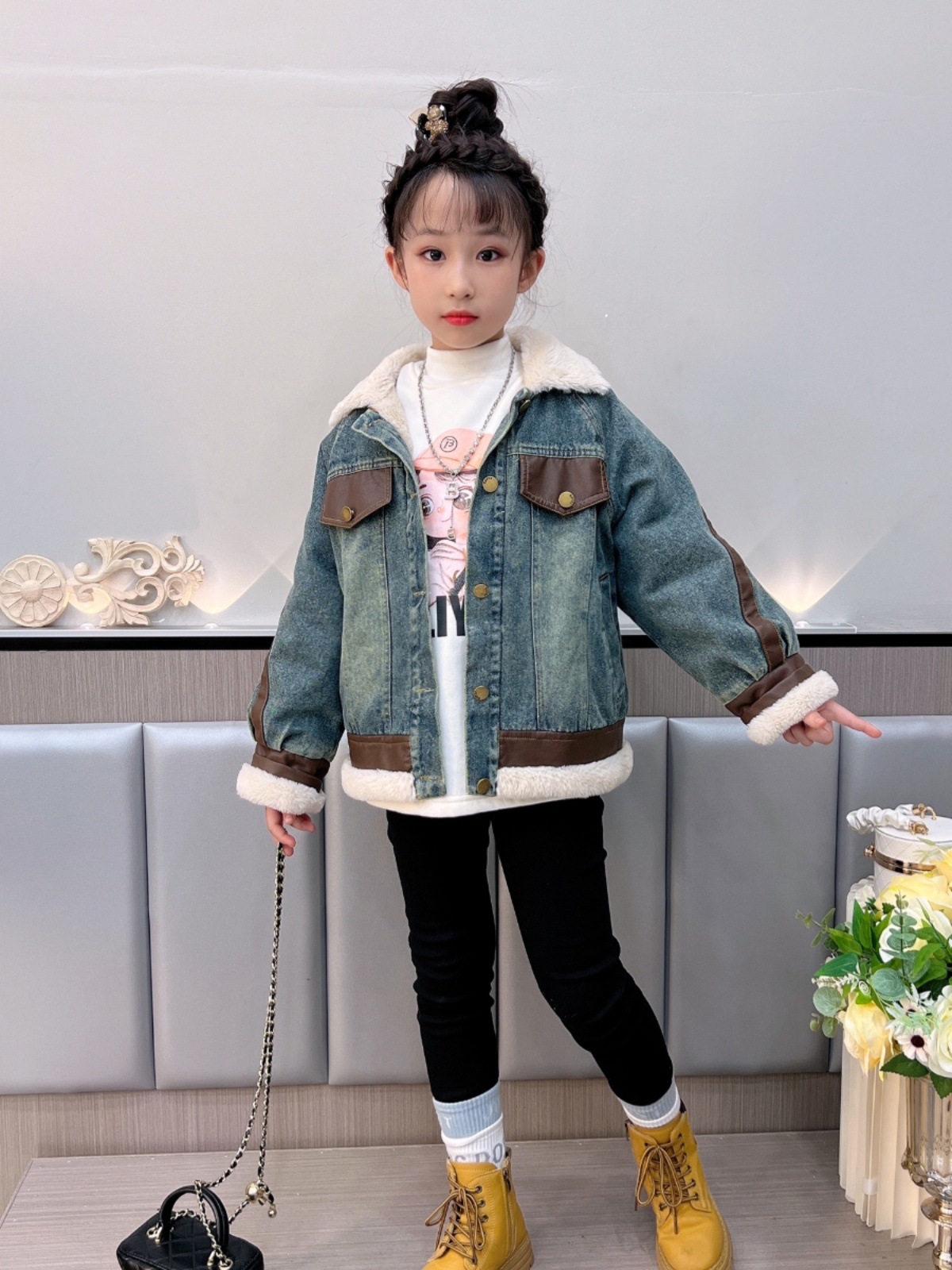 女童加绒牛仔外套2024秋冬新款女大童加厚上衣儿童炸街冬装夹克潮