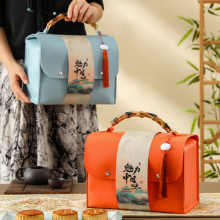 2025 Mid-Autumn New Chinese Style Bamboo Leather 8-Piece Mooncake Box Portable Holiday Mooncake Empty Gift Box