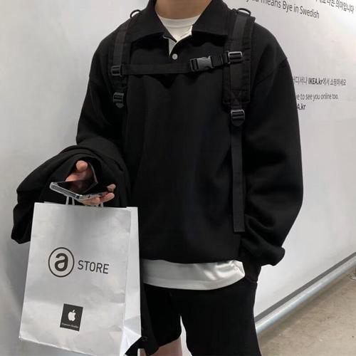 Chic American Retro Style Pure Color Long Sleeve Polo Shirt for Men, Fashionable and Versatile, Loose Half-Button Sweatshirt Trend