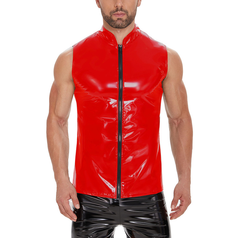 Cross-border Products Men's Mirror PU Bright Leather Vest Slim Casual Waterproof Stand Collar Sleeveless Leather Vest Without Odor