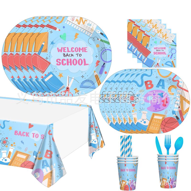 New Blue School Opening Season Theme Birthday Party Supplies Pencil Letters Paper Tray Paper Towel Paper Cup Back to School Season suit