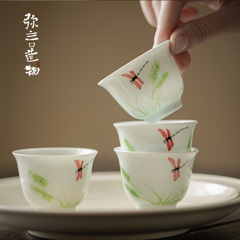 弥言釉下彩手绘蜻蜓品茗杯手工白瓷茶杯单杯主人杯功夫茶具简约