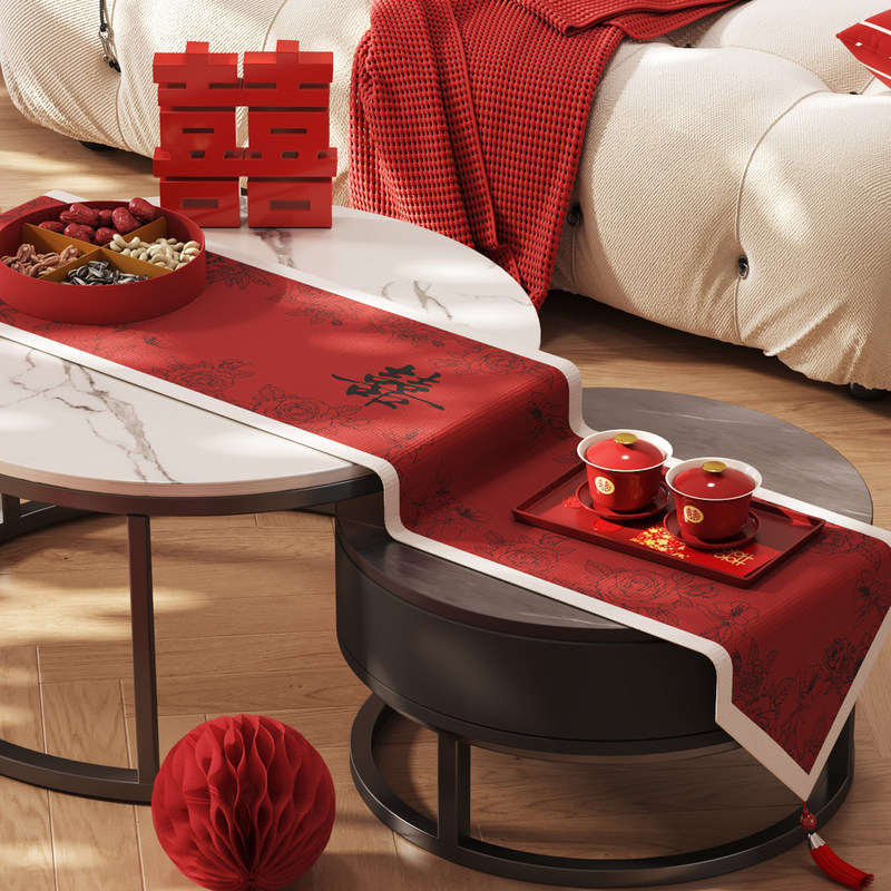 Wedding small coffee table tablecloth in red, festive wedding room decoration cloth, 2026 new model, dustproof cover for living room and dining table Wedding small coffee table tablecloth in red, festive wedding room decoration cloth, 2026 new model, dustproof cover for living room and dining table