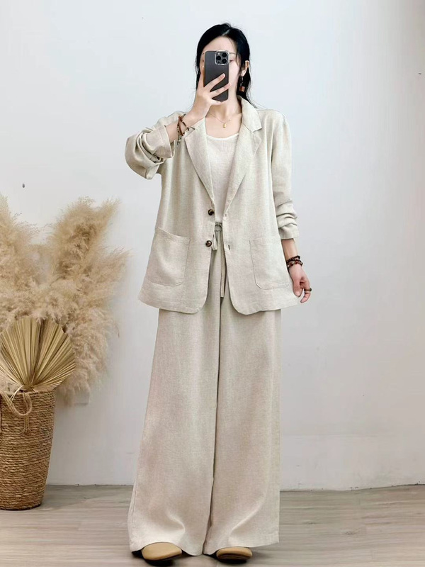 2025秋款砂洗亚麻纯色女套装 长袖西装外套+宽松微喇系带休闲长裤|undefined