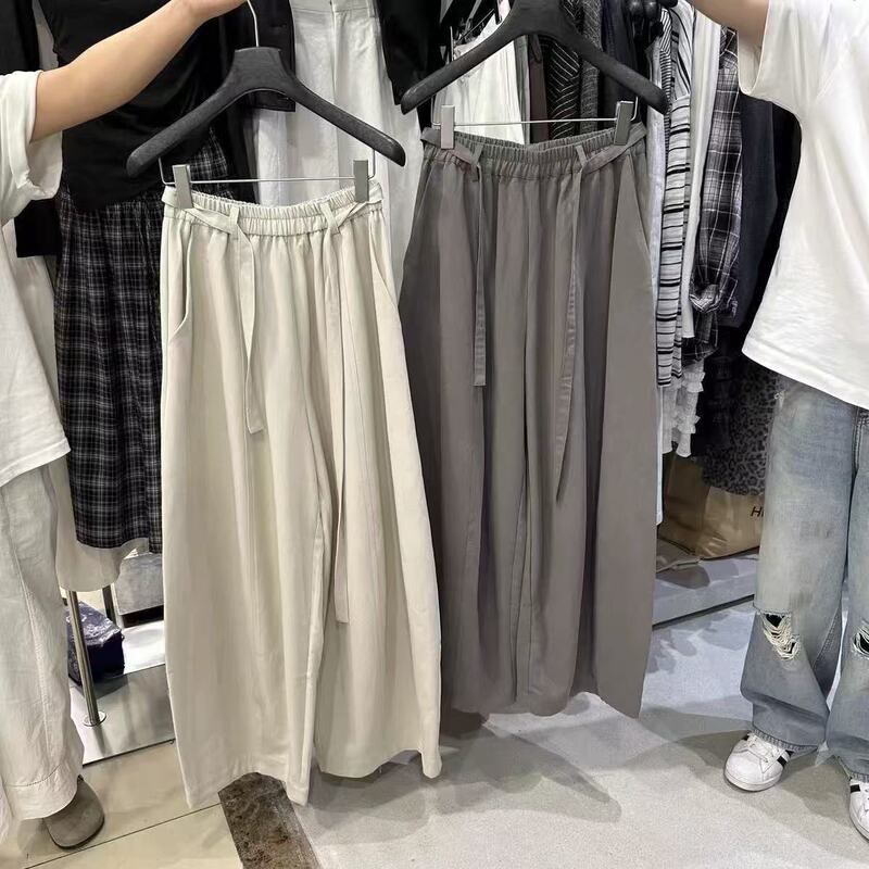 韩系松紧腰系带休闲弯刀裤女2025秋季新款慵懒风显瘦系腰带长裤|undefined