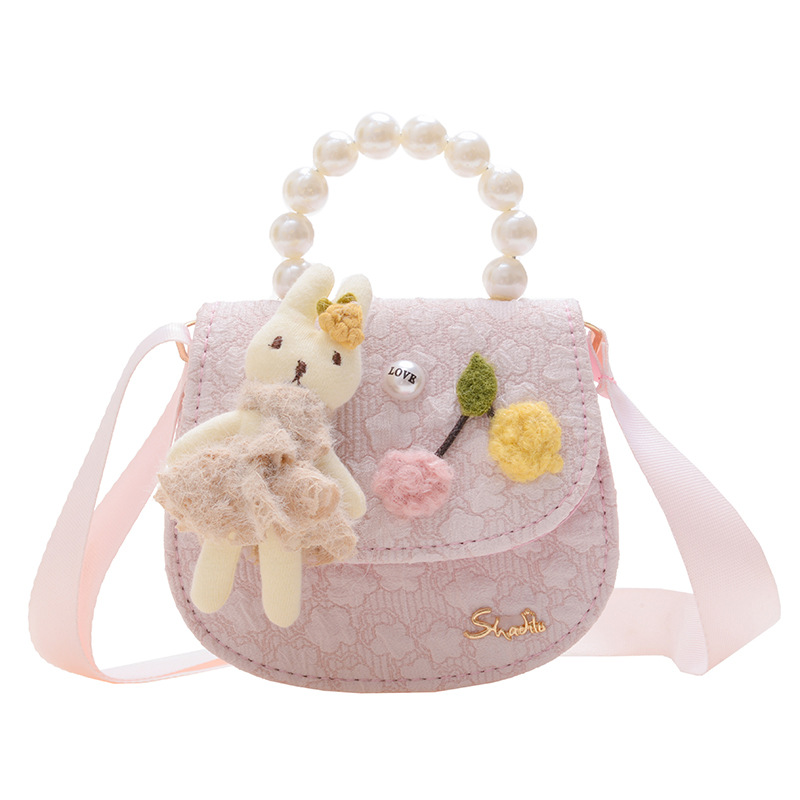 Bolso de los niños otoño e invierno nuevo lindo conejo perla bolso de mano chica princesa encaje bolsa de mensajero monedero comercio exterior