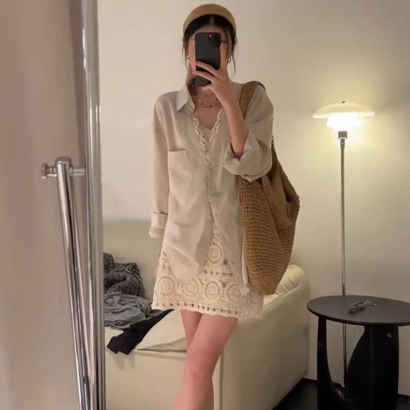 早秋穿搭套装韩系慵懒风时尚减龄蕾丝拼接假两件上衣半身裙两件套|undefined