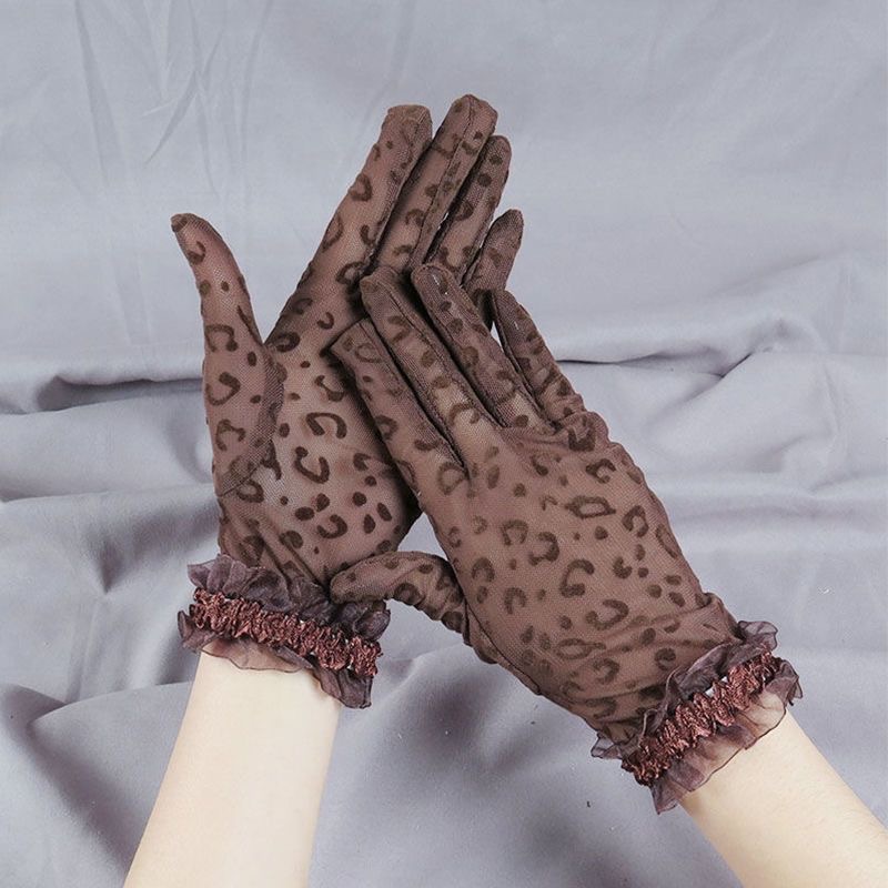 Summer Thin Fashion Women's Leopard Print Hollow Mesh Gloves Black Lace Trim Breathable Sunscreen Gloves Protective