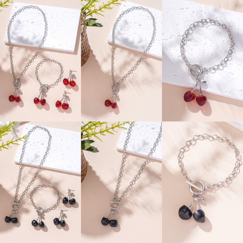 European and American Cross-border Hot Sale Black Red Cherry Pendant Jewelry suit Retro Ots Buckle Clavicle Chain Earrings Women