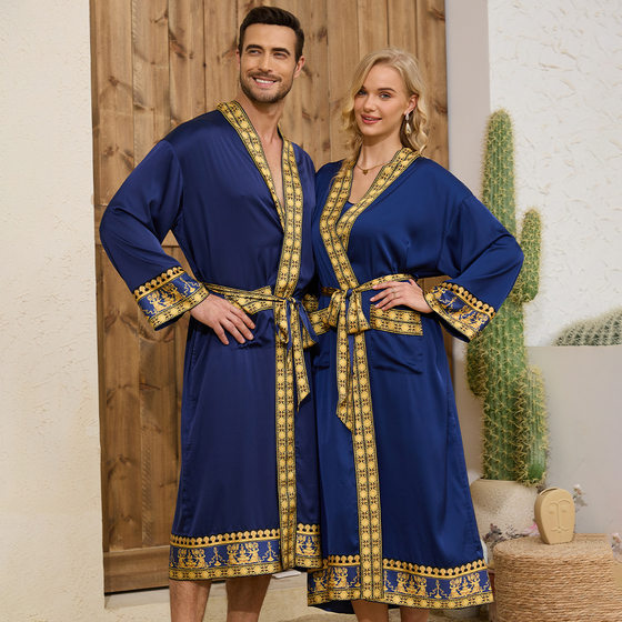 Cross-border New Baroque Couple Nightgown Long Sleeve Robe Long Morning Gown Luxury Satin Bathrobe WP3403